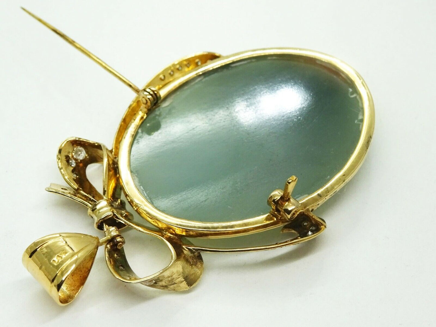 Natural Jadeite & Earth Mined Diamond Ribbon Brooch Pendant 14k Mason-May Report