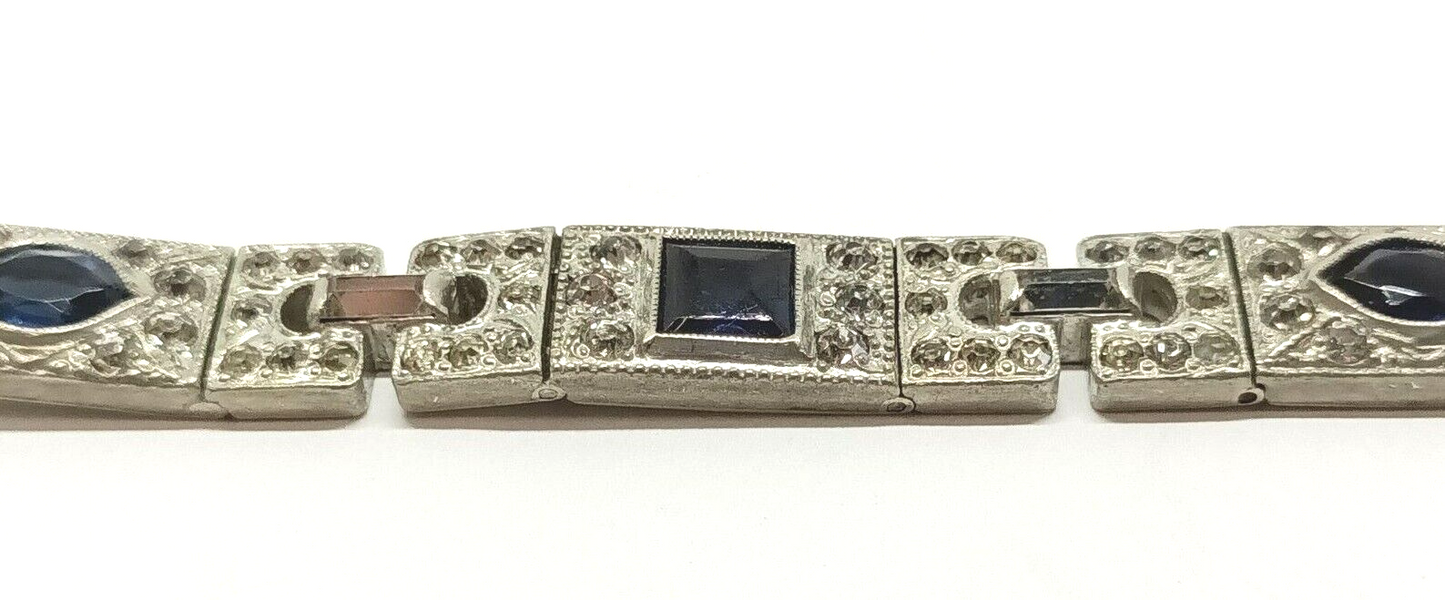 Antique Art Deco Rhinestone Bracelet Dark Cobalt Blue & Clear Sparkly Crystals