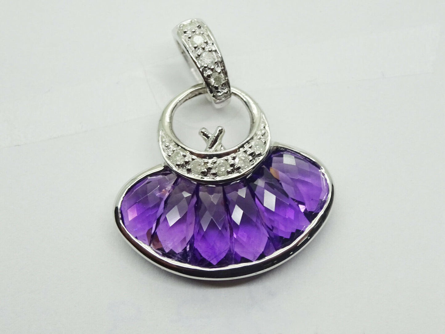 Natural Amethyst & Diamond Pendant Oval Briolette Cut 10K White Gold