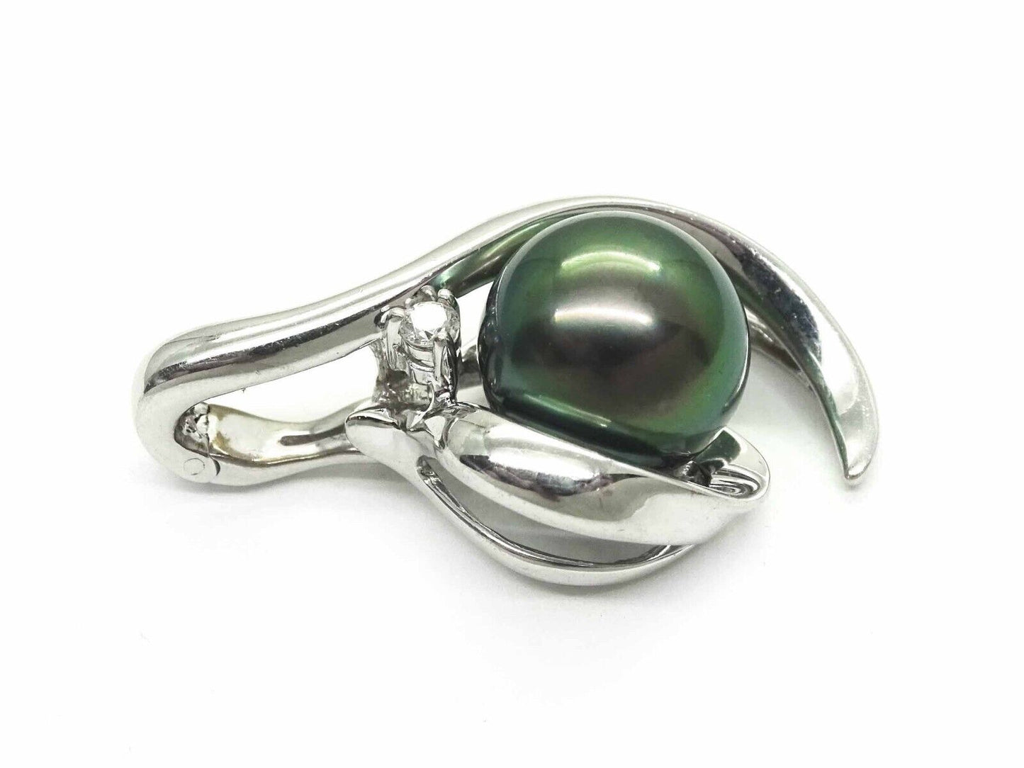 11mm Wide Natural Tahitian Black Pearl Freeform Swirl Pendant 10k White Gold