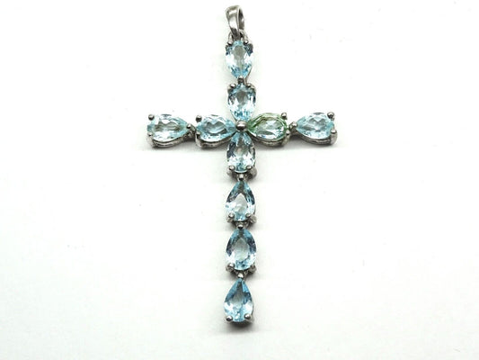 Pear Blue Topaz Cross Pendant Sterling Silver