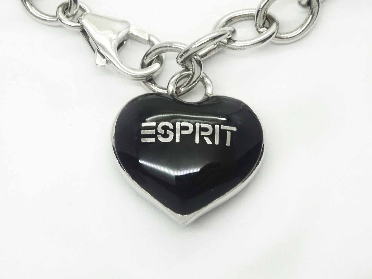 Esprit "Love" Black Enamel Puffy Heart Charm Necklace Sterling Silver