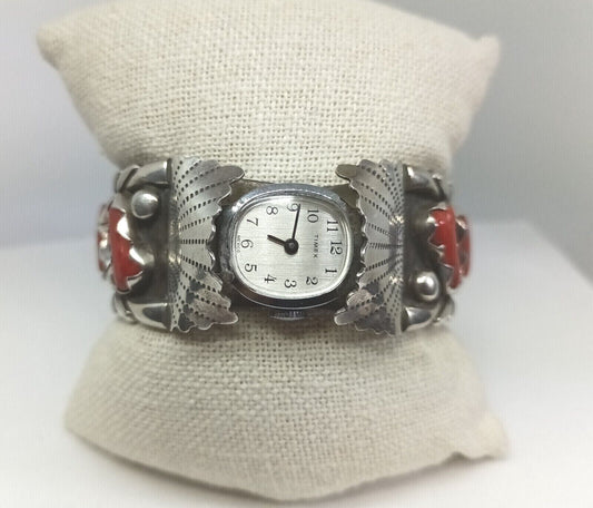 Vintage Southwestern Sterling Silver Watch Cuff Bracelet W/ Coral