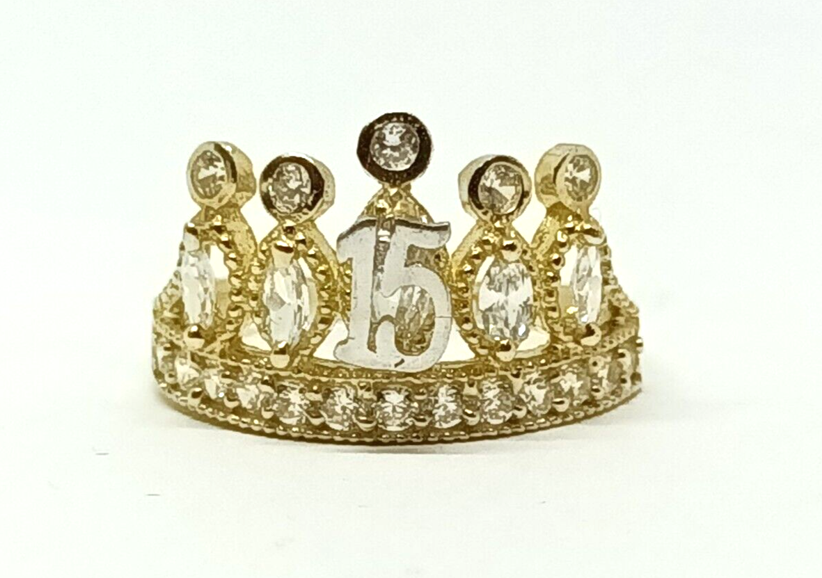 10k Yellow Gold 15 Anos Quinceanera Crown CZ Ring Size 7.5