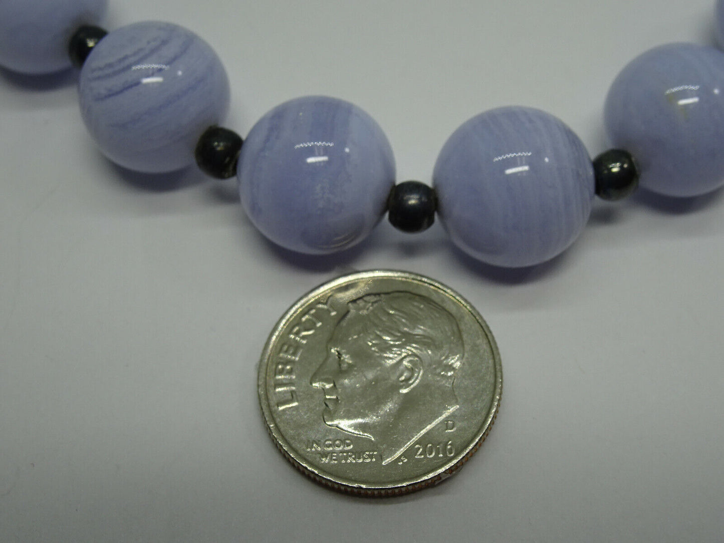 12mm Wide Blue Lace Agate Sterling Silver Bead Necklace 18" Long Magnetic Clasp