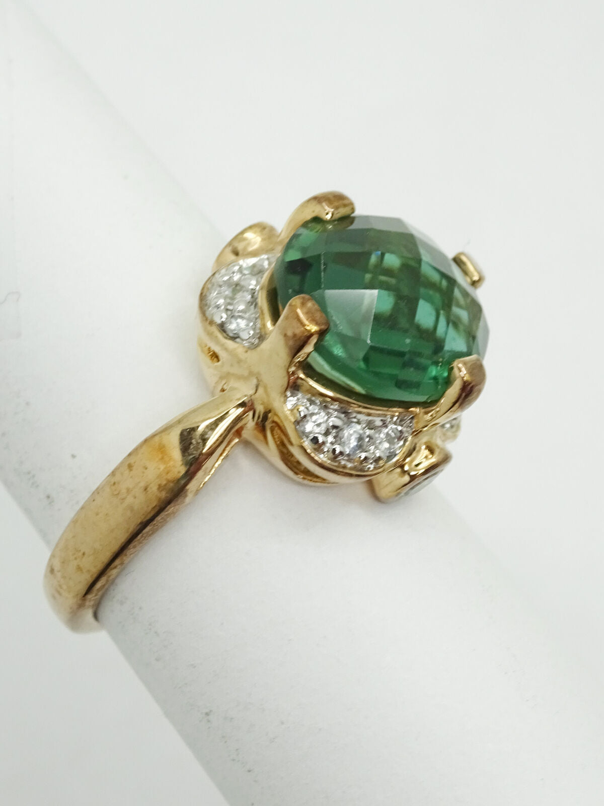 Oval Faceted Fantasy Green Stone & CZ Gold Plated Ring Size 6