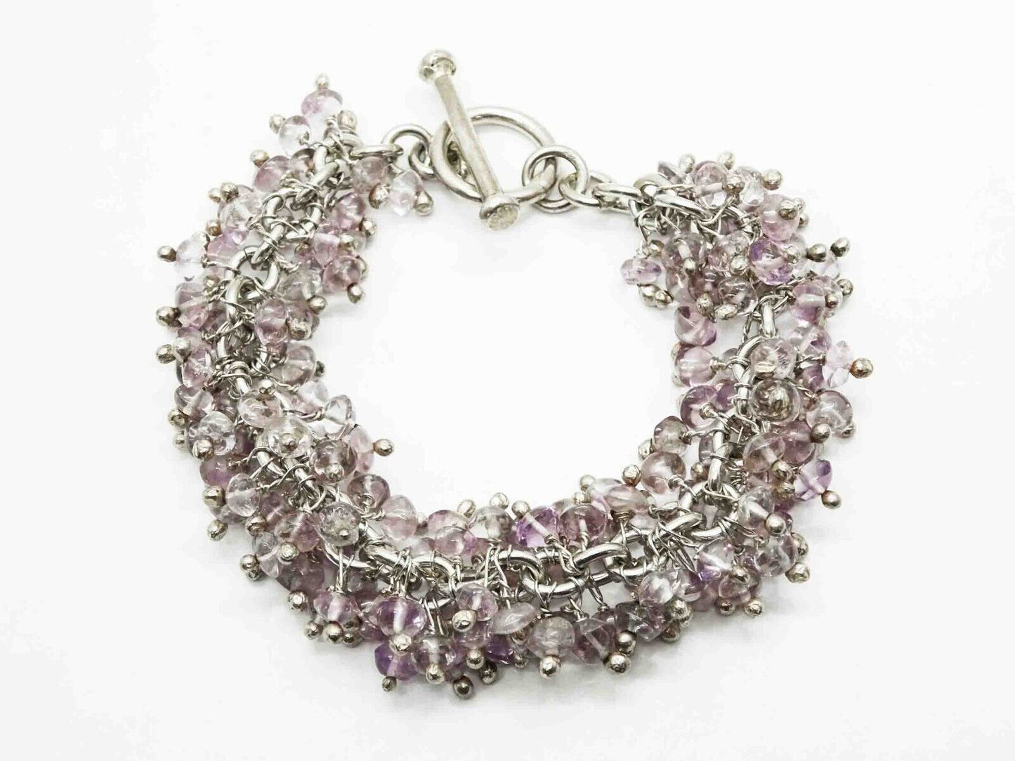 Natural Light Amethyst Dangle Bead Charm Toggle Bracelet Sterling Silver