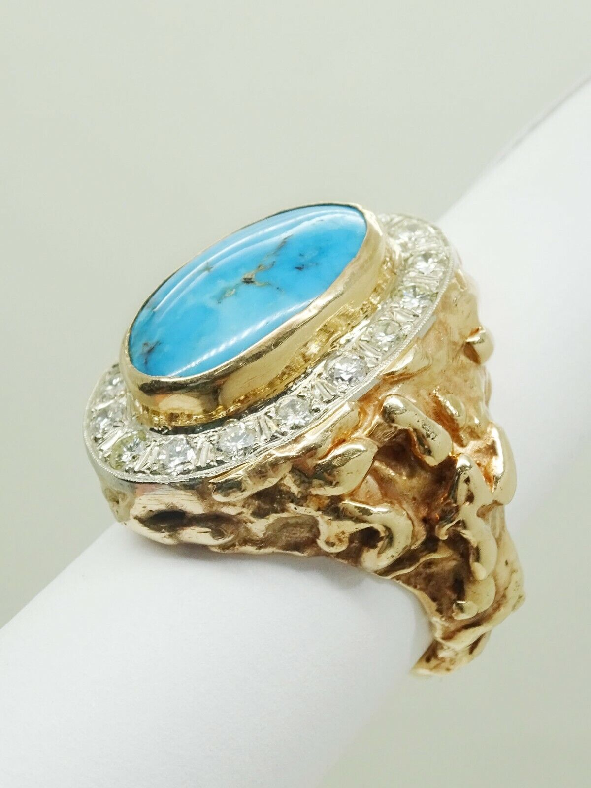 13ct tw Large Natural Turquoise & Earth Mined Diamond Ring 14k Gold Size 10.25