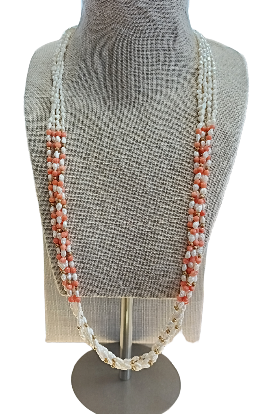 Freshwater Pearl and Coral 14k Yellow Gold 4 Strand Bead Necklace + Bonus