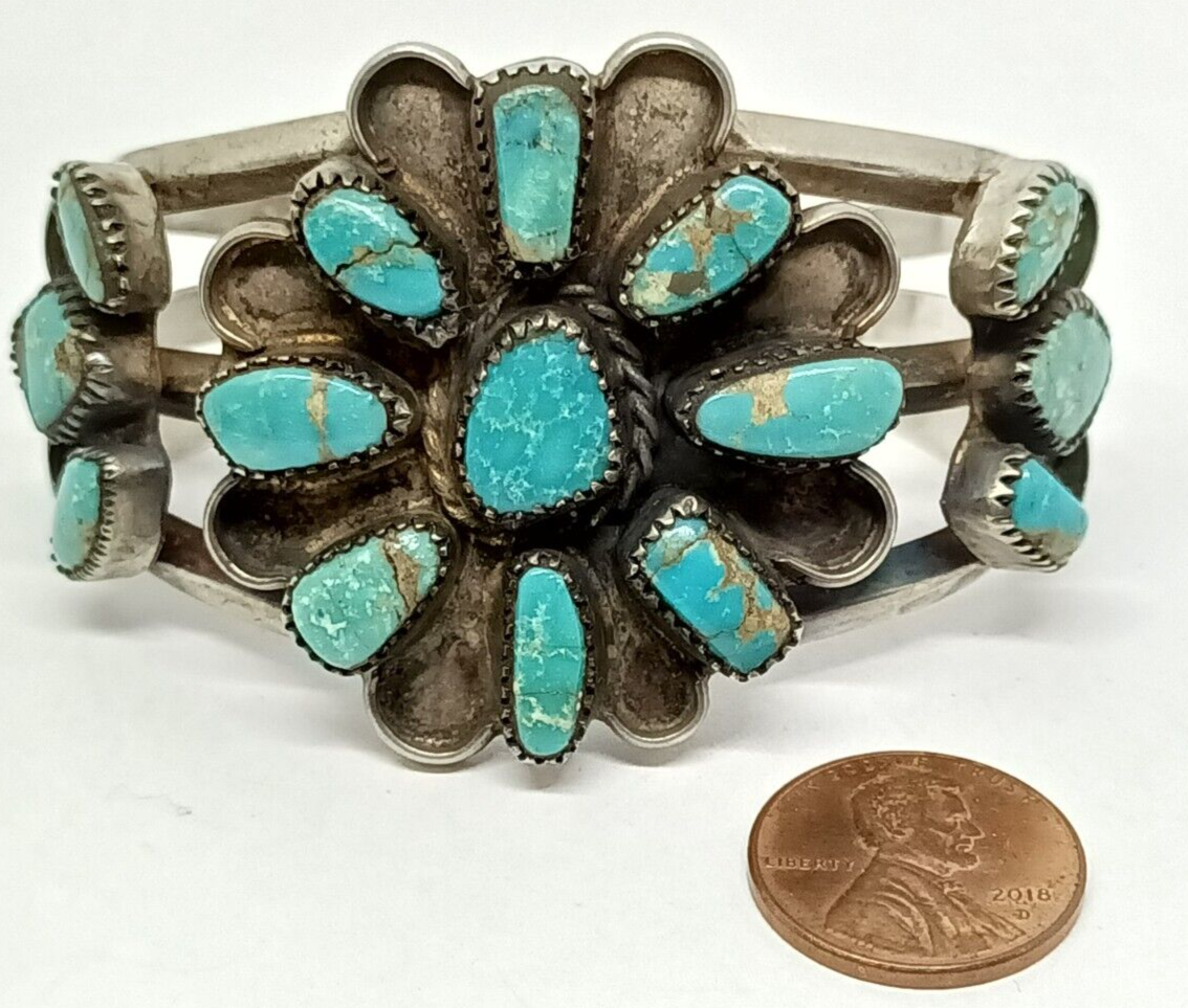 Native American Sawtooth Bezel Turquoise Sterling Silver Cuff 51.1 grams