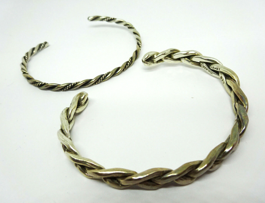 Lot of 2 Southwestern Vtg Sterling Twisted Braided Rope Cuff Bracelets, 1 signed