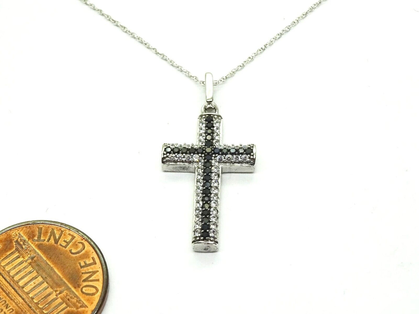 Black & White CZ Cross Pendant Sterling Silver on 10k White Gold Chain