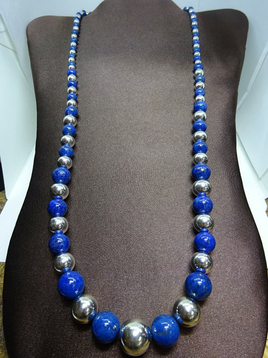 Natural Lapis Lazuli and Sterling Silver Bead Necklace 30" Extra Long