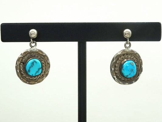 Vintage Signed Handcrafted Turquoise Nugget Dangle Earrings Sterling Silver