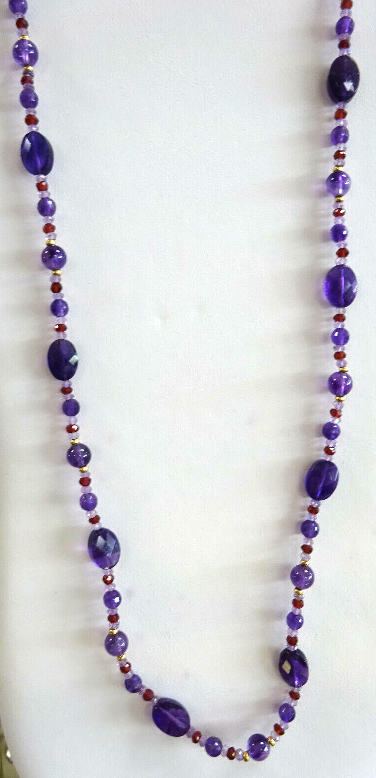 Zoe B. Designer Signed 14K Gold, Amethyst & Garnet Bead Necklace 34", Extra Long