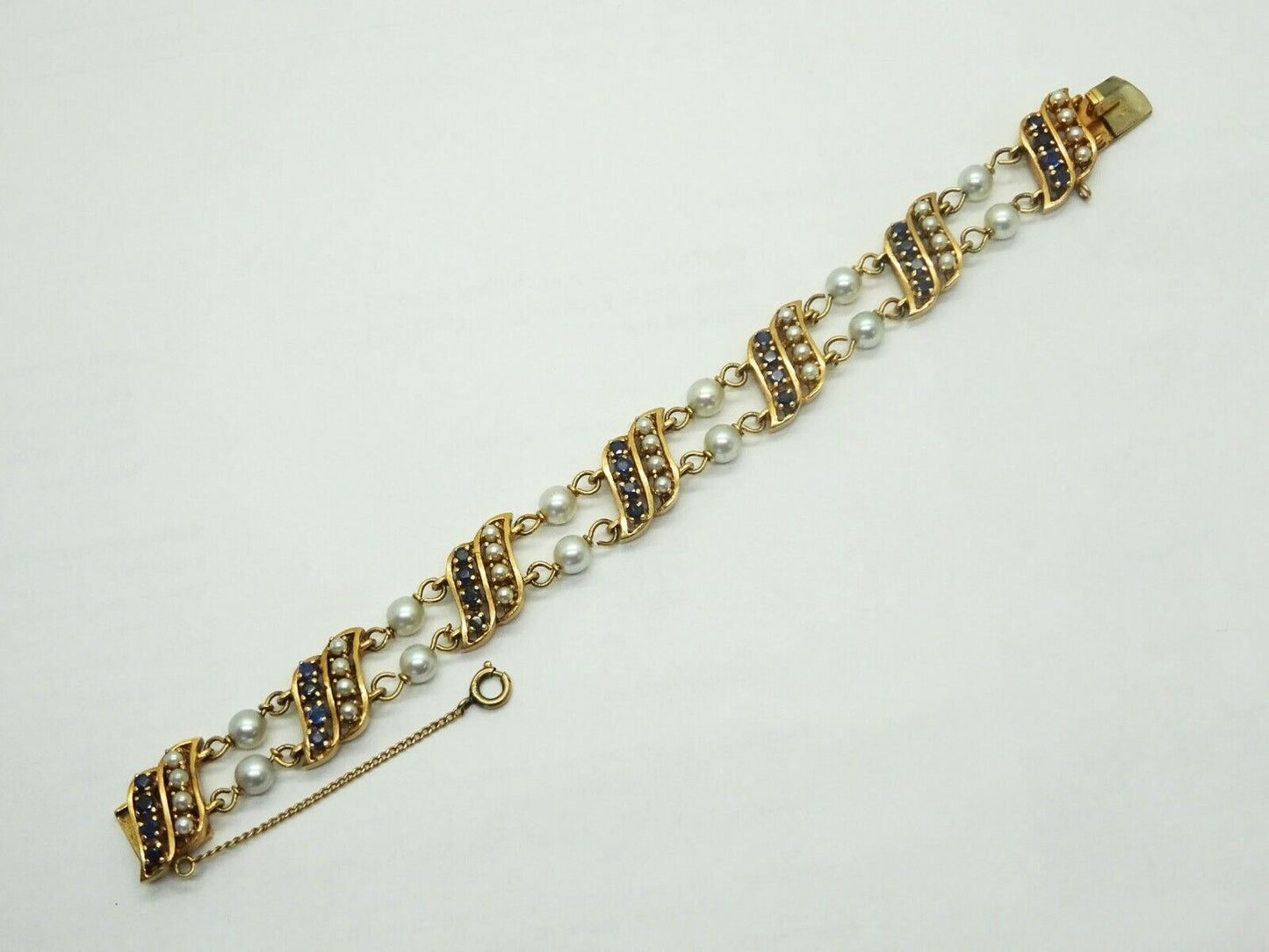 Vintage Honora Designer Natural Pearl & Sapphire Bracelet 14k Gold