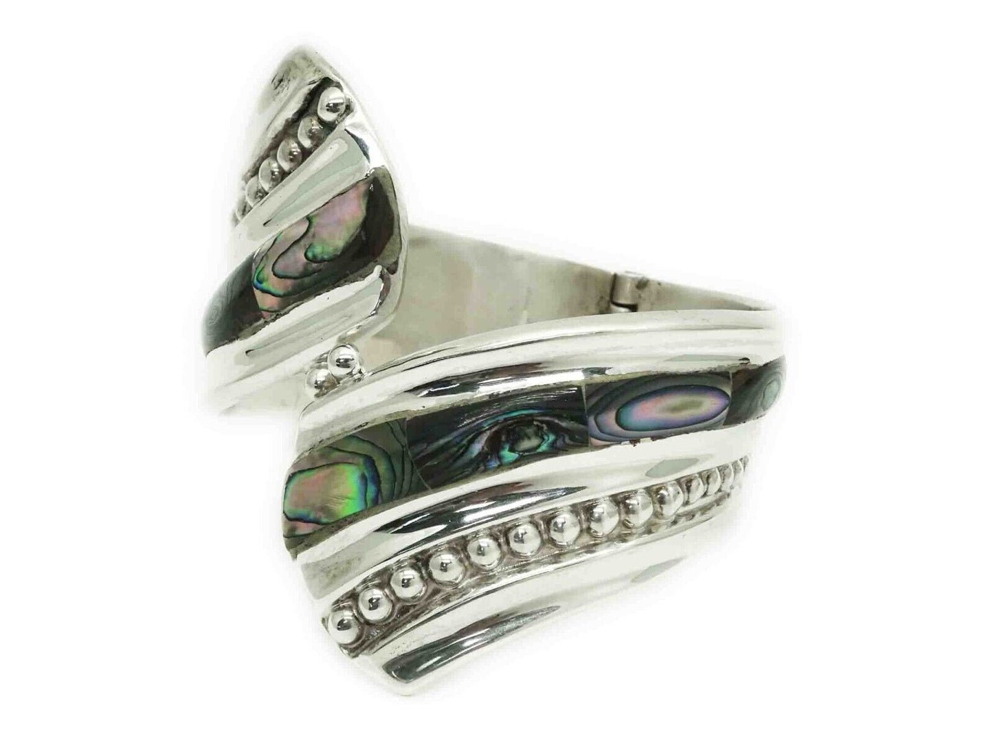 Taxco Mexico Abalone Inlay Clamper Cuff Bracelet Sterling Silver 48.9 Grams