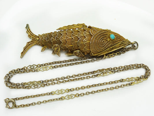 Antique Chinese Articulated Large Koi Fish Pendant Turquoise Eyes