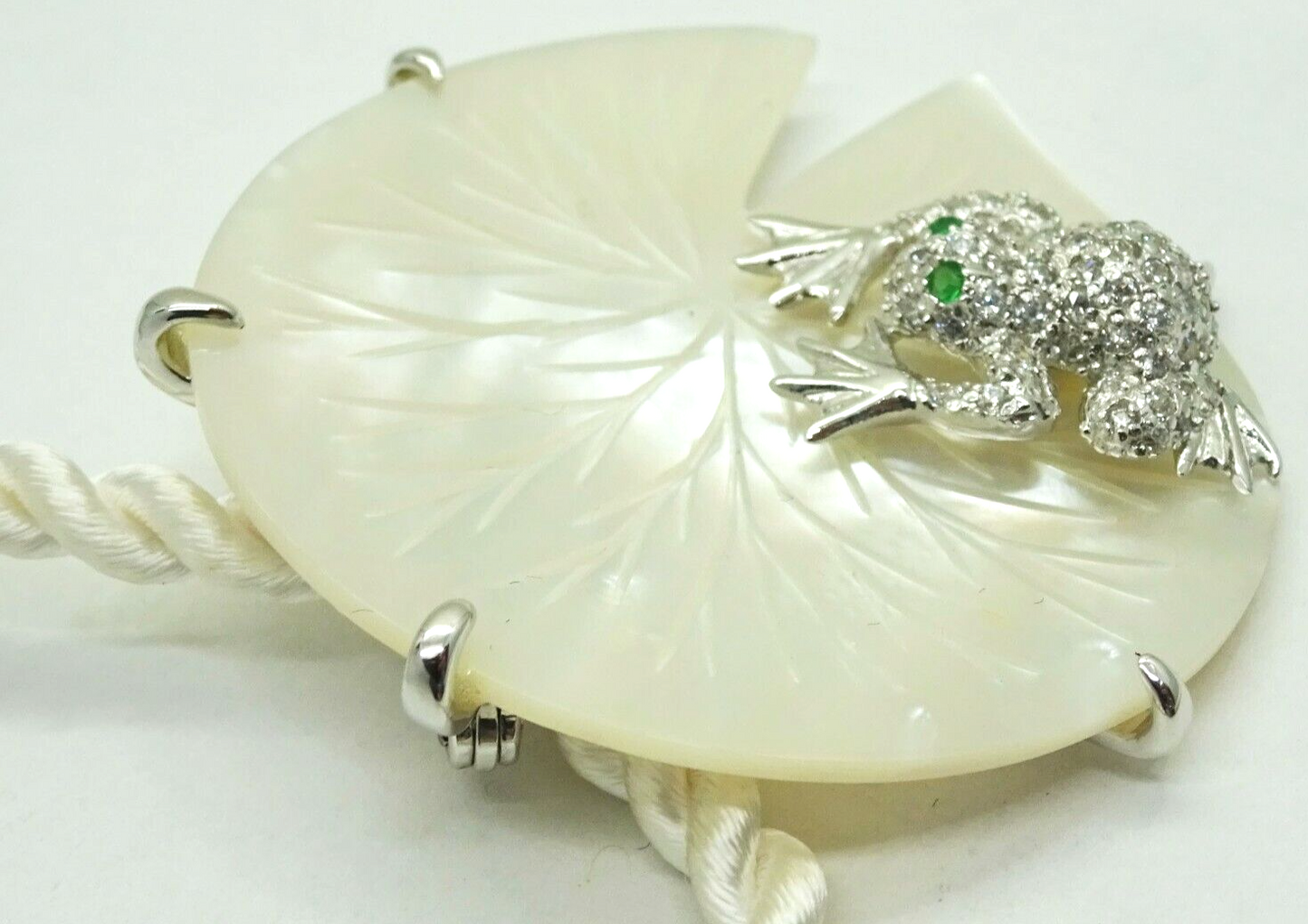 Designer Sterling Silver CZ & Emerald Frog Mother-of-Pearl Lilypad Pin Pendant