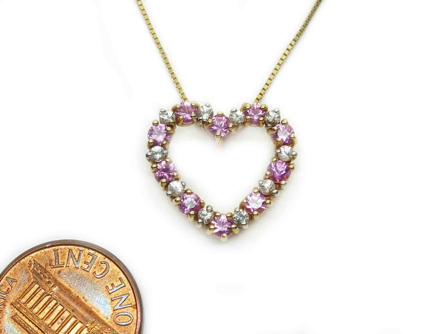 Pink & White CZ Open Heart Charm Pendant Box Chain Necklace 14k Gold