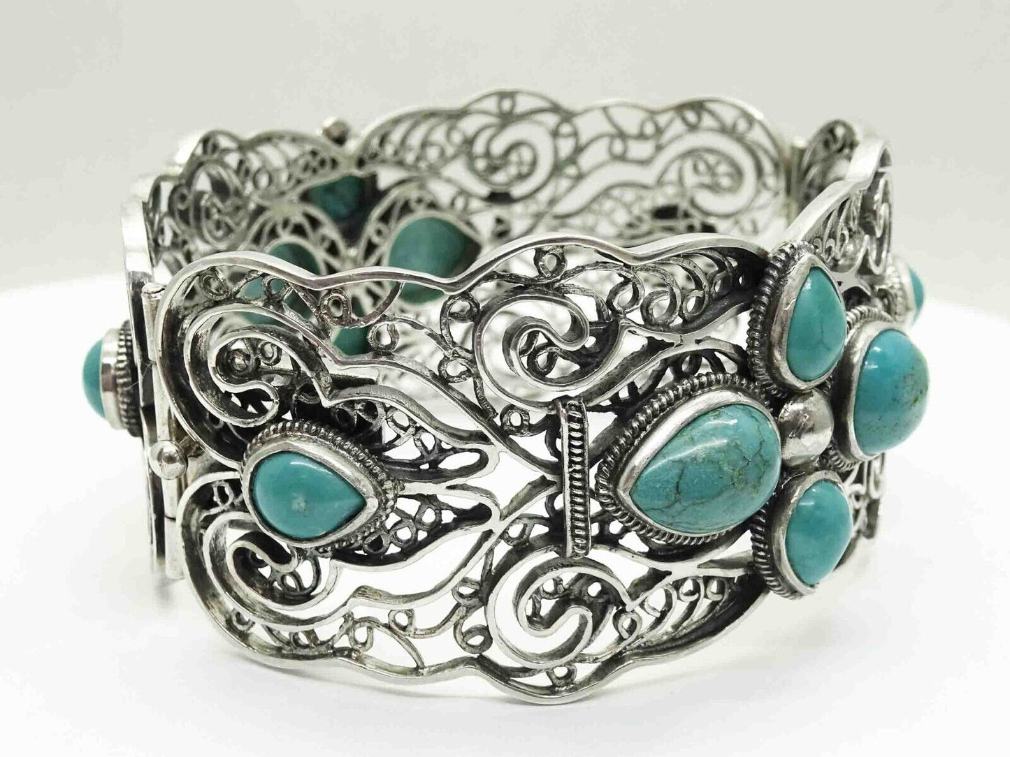 Turquoise Cabochon Openwork Filigree Hinged Bangle Bracelet Sterling Silver