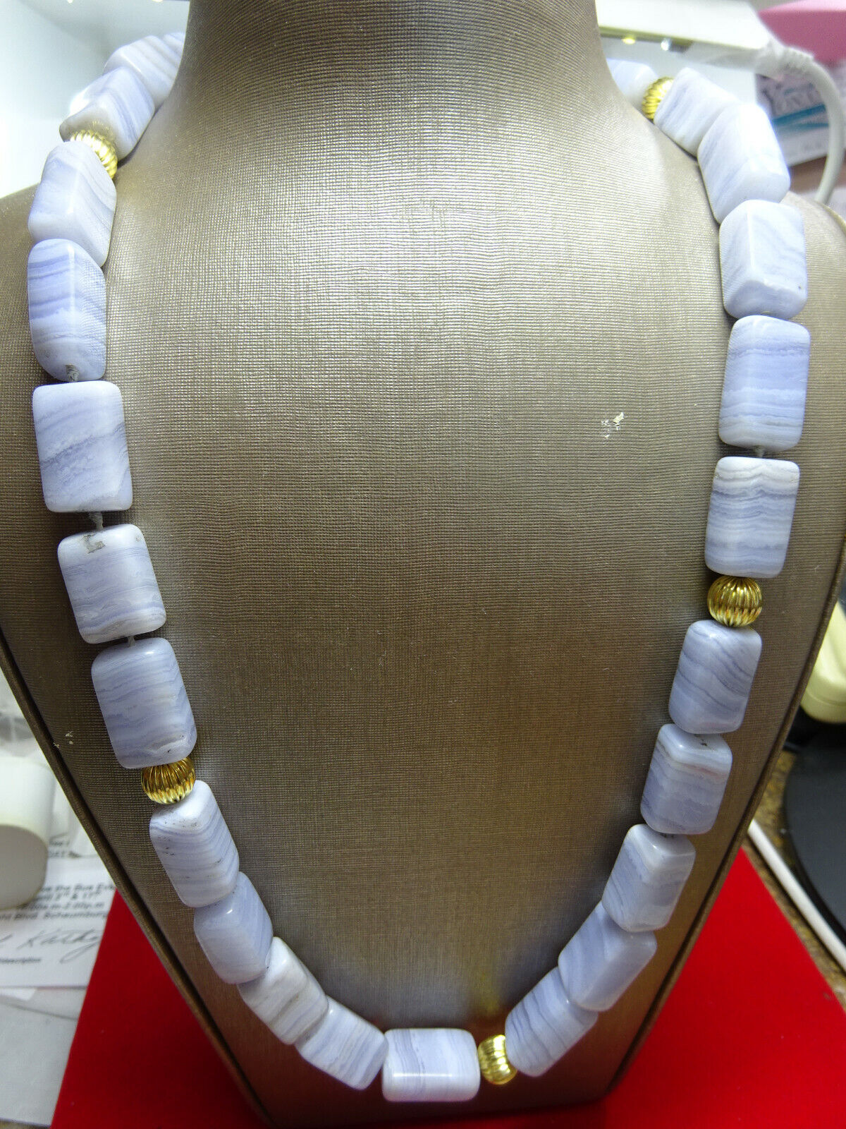 Natural Blue Lace Agate & 14k Yellow Gold Bead Necklace 36" Long