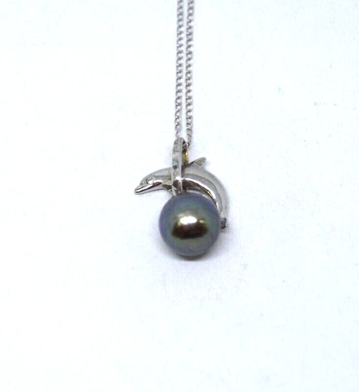 9mm Black Pearl & Diamond 14k White Gold Dolphin Pendant