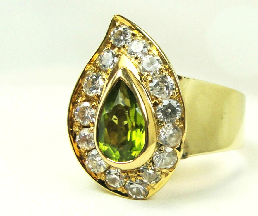 Brilliant Green Pear Cut Peridot & CZ Ring 14k Gold Size 7.5