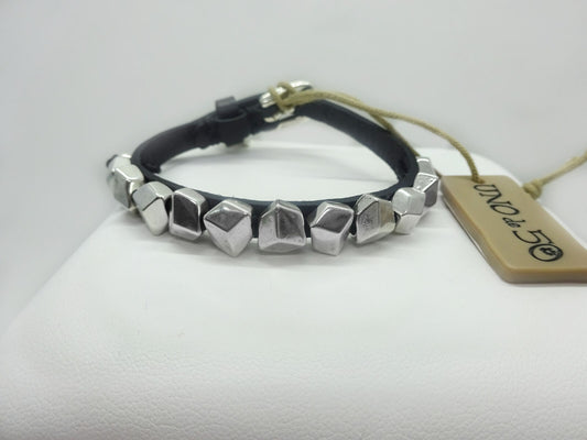 UNO de 50 “Ice Cubes” Black Leather Silver Plated Metal Bead Bracelet