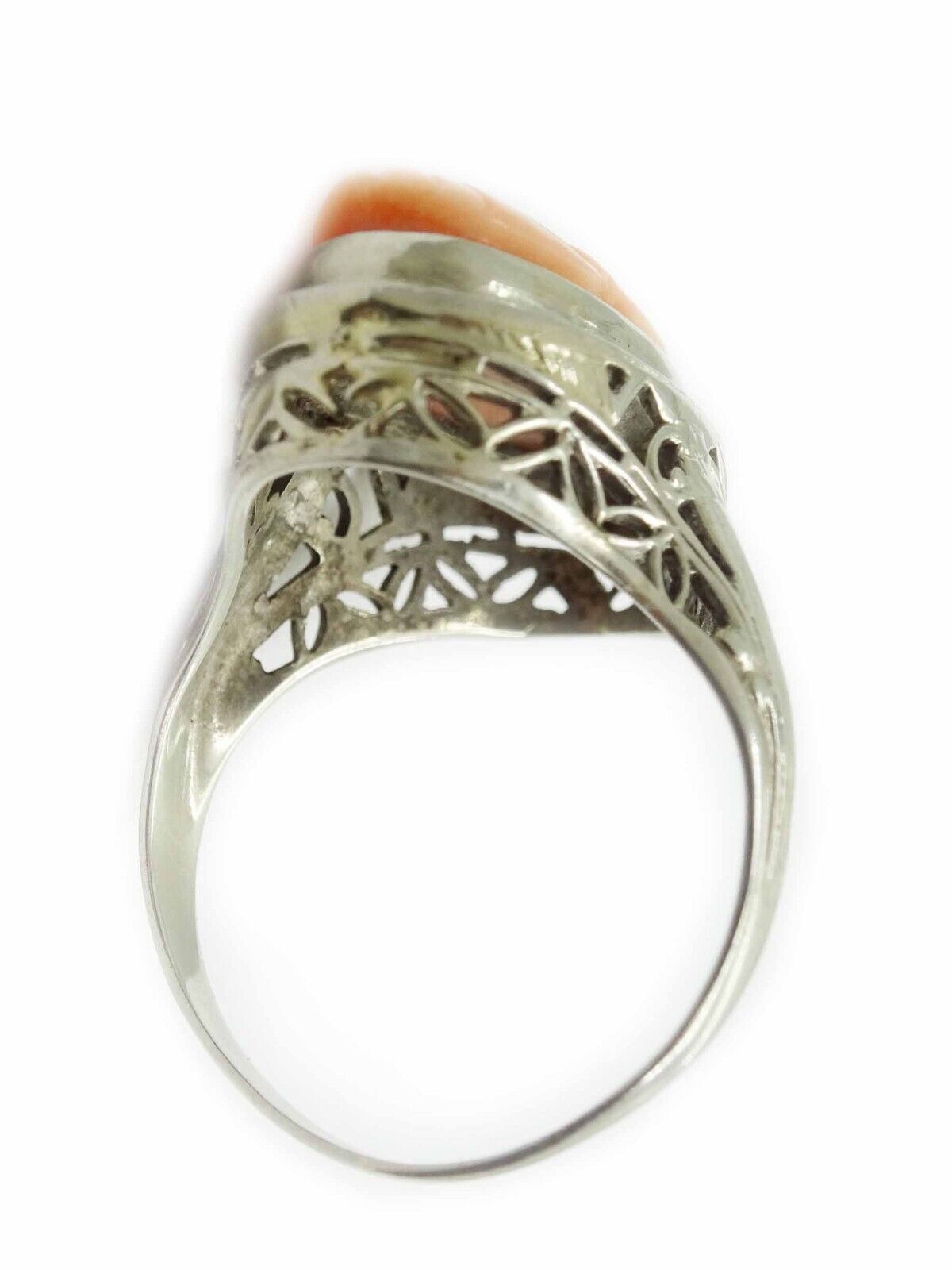 Salmon Coral Cameo Filigree Ring 18k White Gold Size 5.75