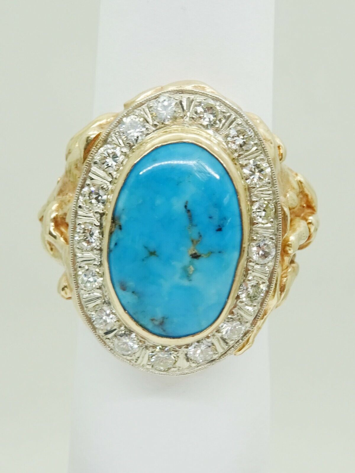 13ct tw Large Natural Turquoise & Earth Mined Diamond Ring 14k Gold Size 10.25