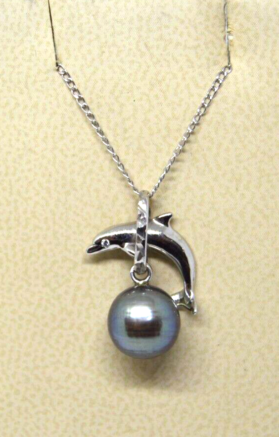 9mm Black Pearl & Diamond 14k White Gold Dolphin Pendant