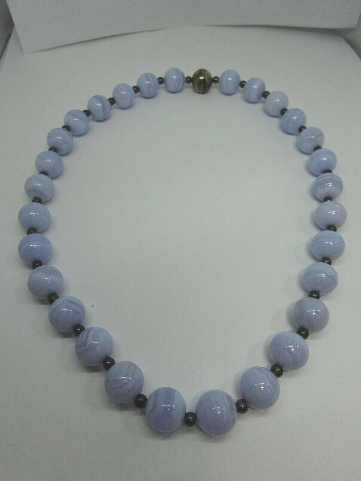 12mm Wide Blue Lace Agate Sterling Silver Bead Necklace 18" Long Magnetic Clasp