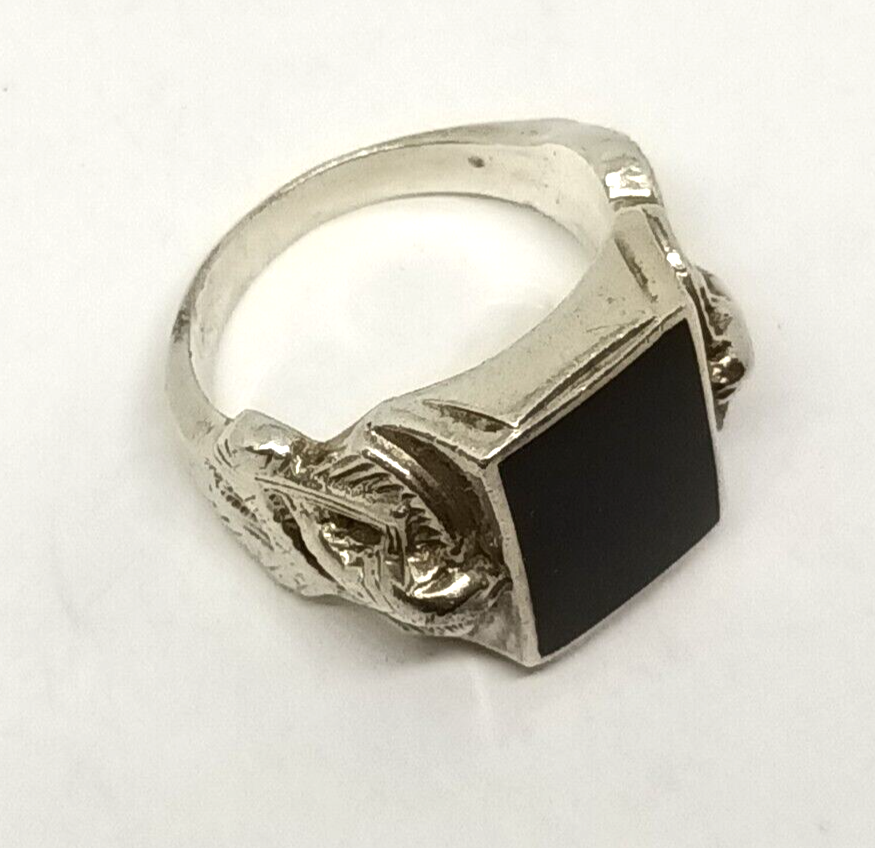 Black Onyx Sterling Silver Men's Ring W Snakes Size 11.5, 15.7 grams