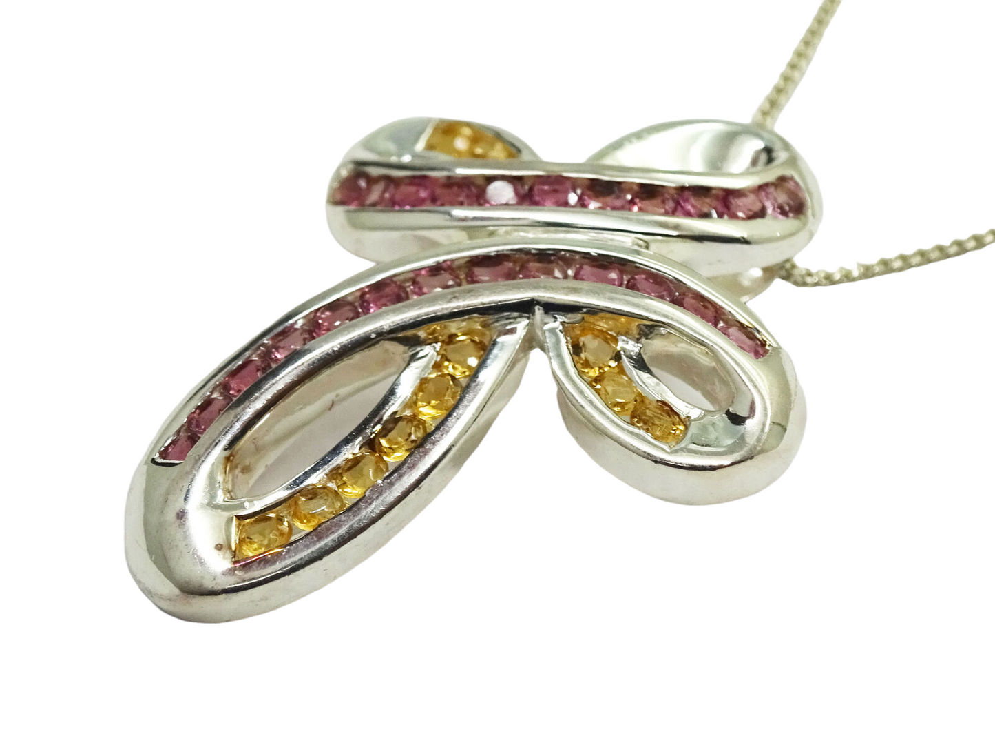 Pink Tourmaline & Citrine Sterling Silver Ribbon Swirl Cross Pendant