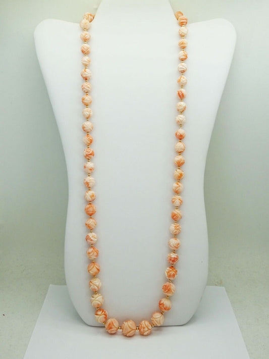 Vintage Handcarved Rose Angel Skin Coral Bead Necklace 14k Gold