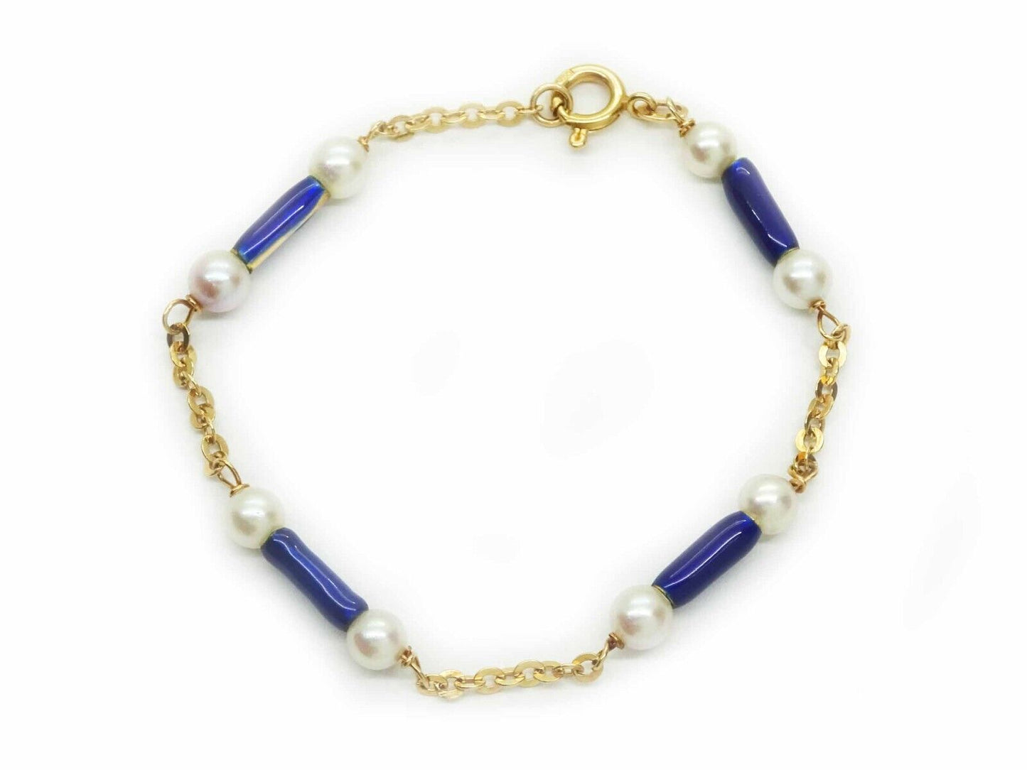 Estate Italian Cobalt Blue Enamel & Pearl Station Link Bracelet 18k Gold