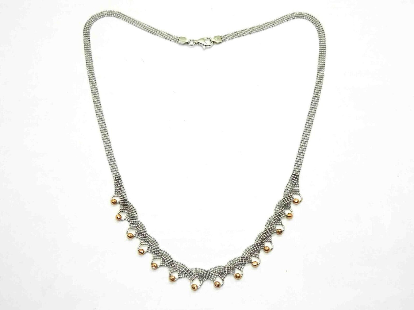 Italian Two-Tone Open Mesh Globe Dangle Collar Necklace 14k Rose & White Gold