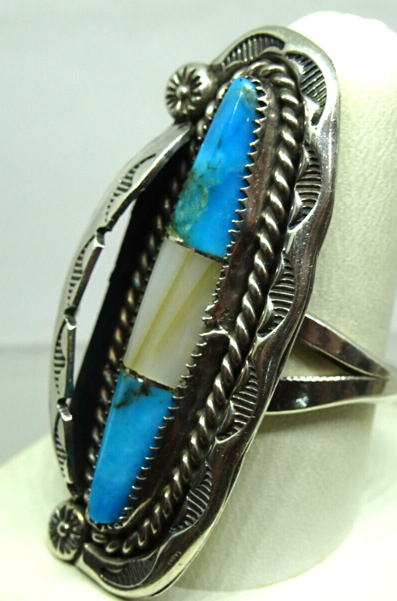 Native American Herbert Pinc Navajo Sterling, Turquoise, MOP Ring, Signed