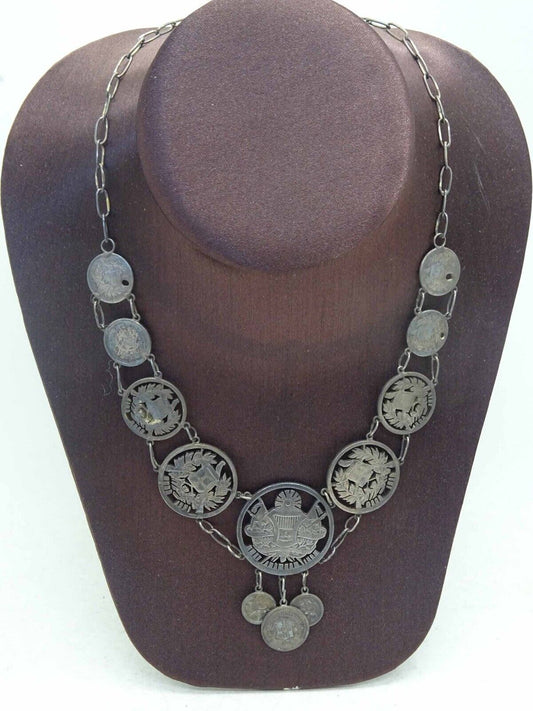 Antique Early 20th Century Cut Coin Silver Necklace Guatemalan Reals 1863-1899