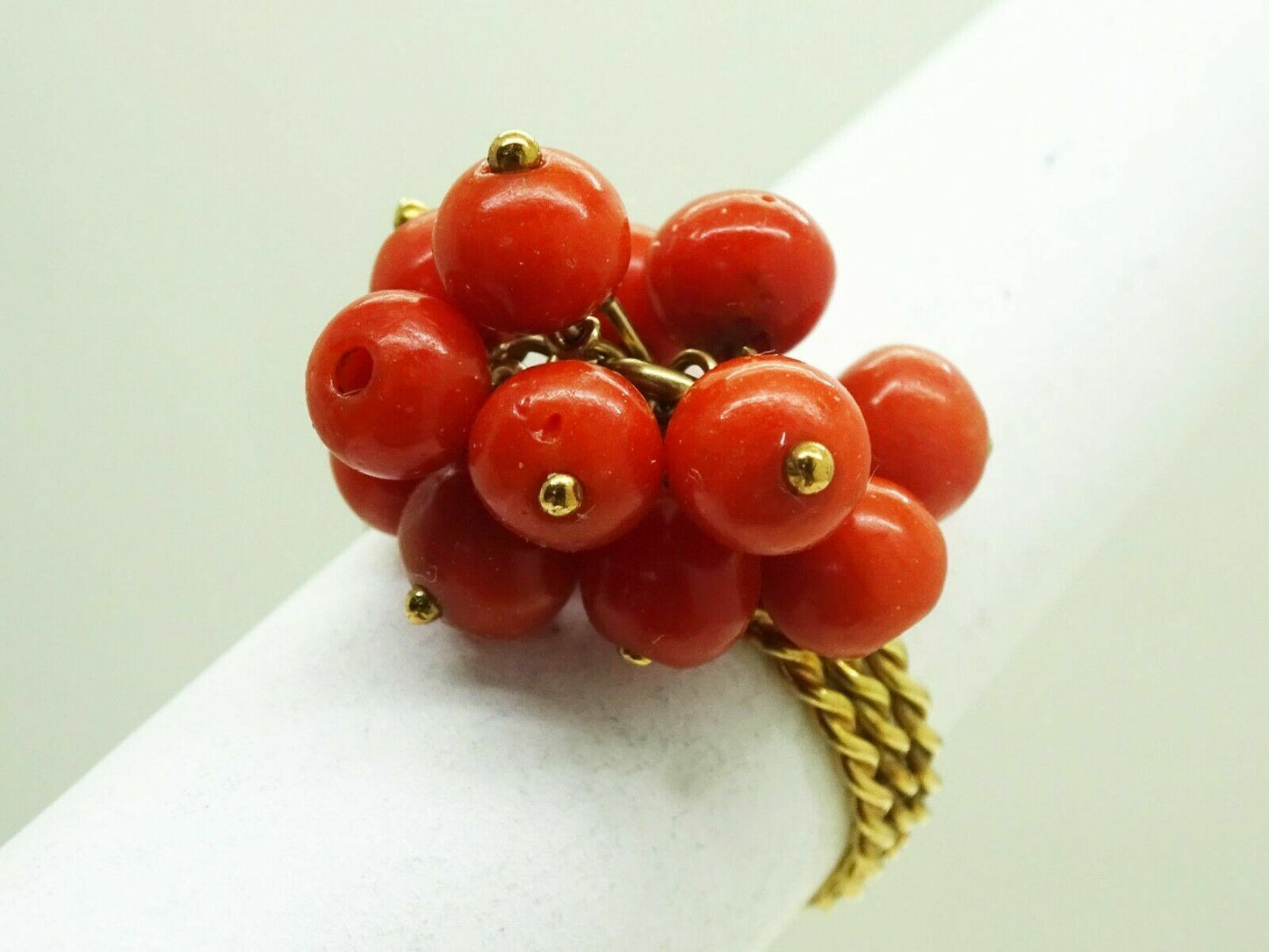 Estate Oxblood Red Coral Bead Cluster Setting Ring 14k Gold Size 5