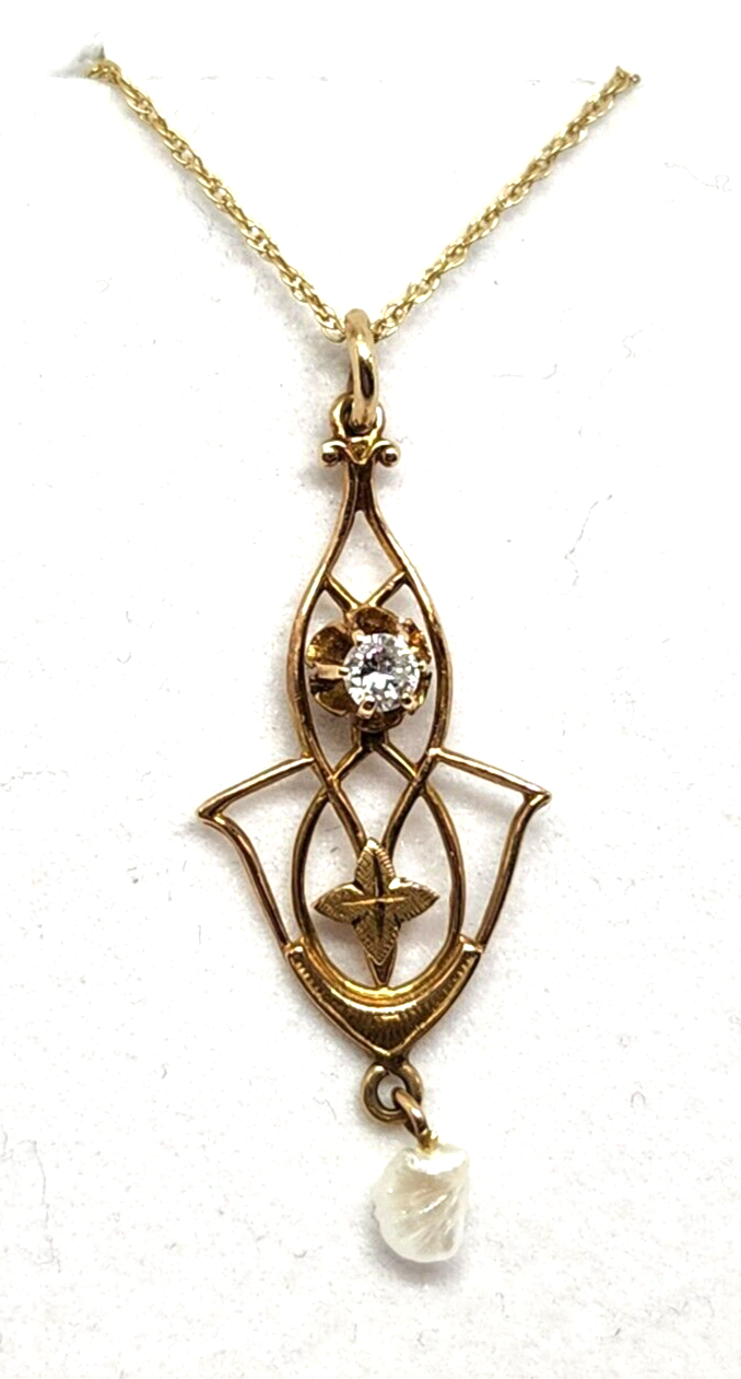 Victorian Lavalier 0.1ct Diamond & Seed Pearl 10k Gold Pendant, 18'' Long