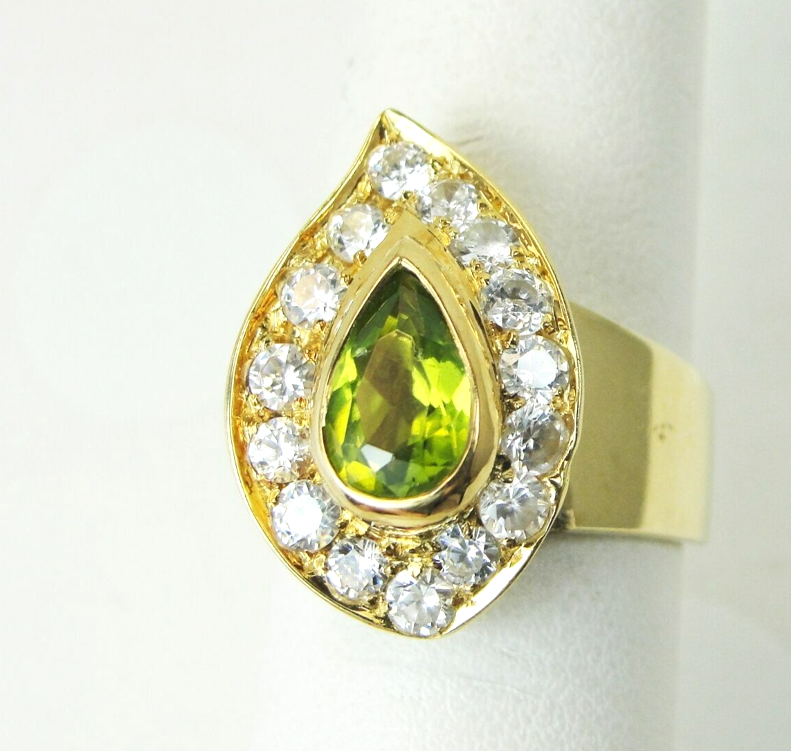 Brilliant Green Pear Cut Peridot & CZ Ring 14k Gold Size 7.5