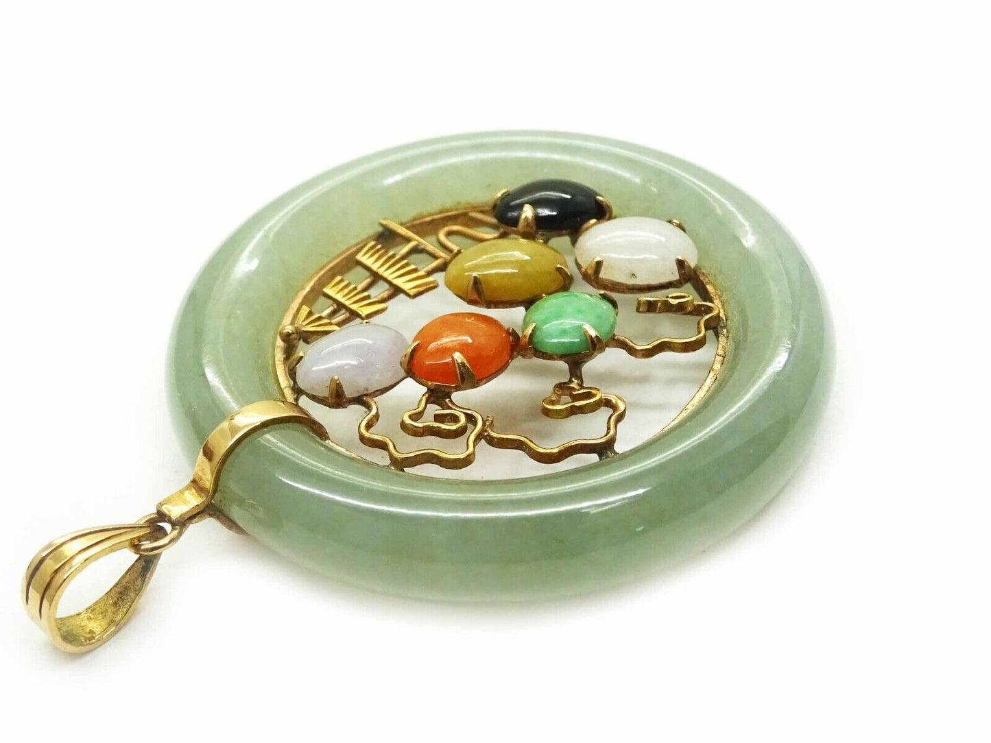 Multicolor Jade Round Filigree Bezel Pendant 14k Gold