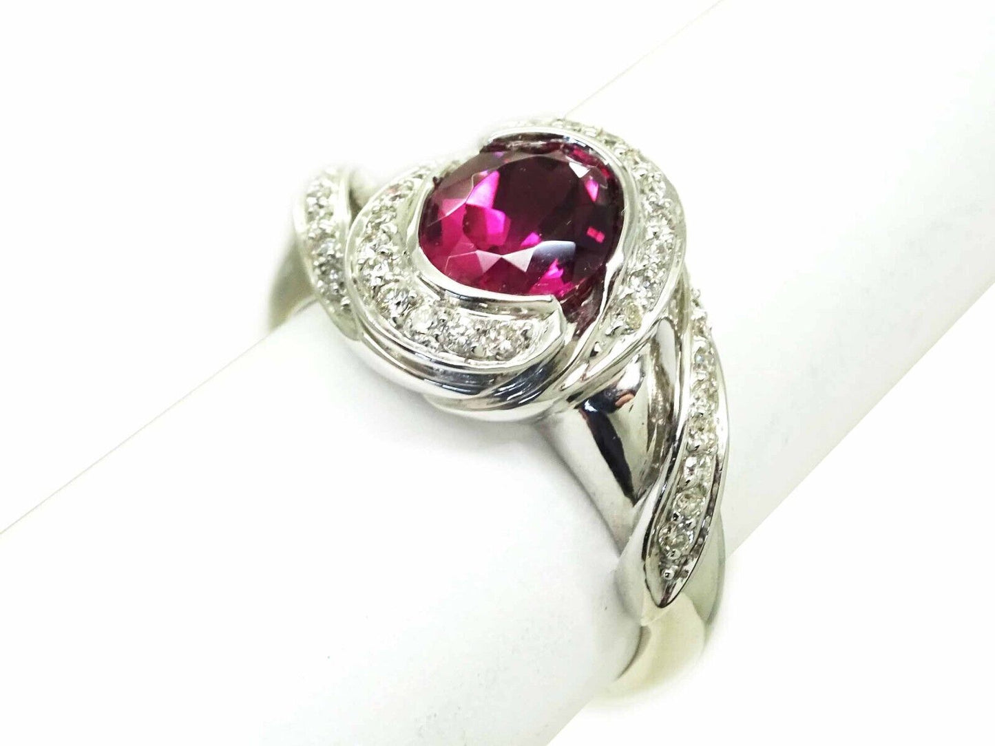 Natural Rubellite Tourmaline & Diamond Ring 14k White Gold Size 9