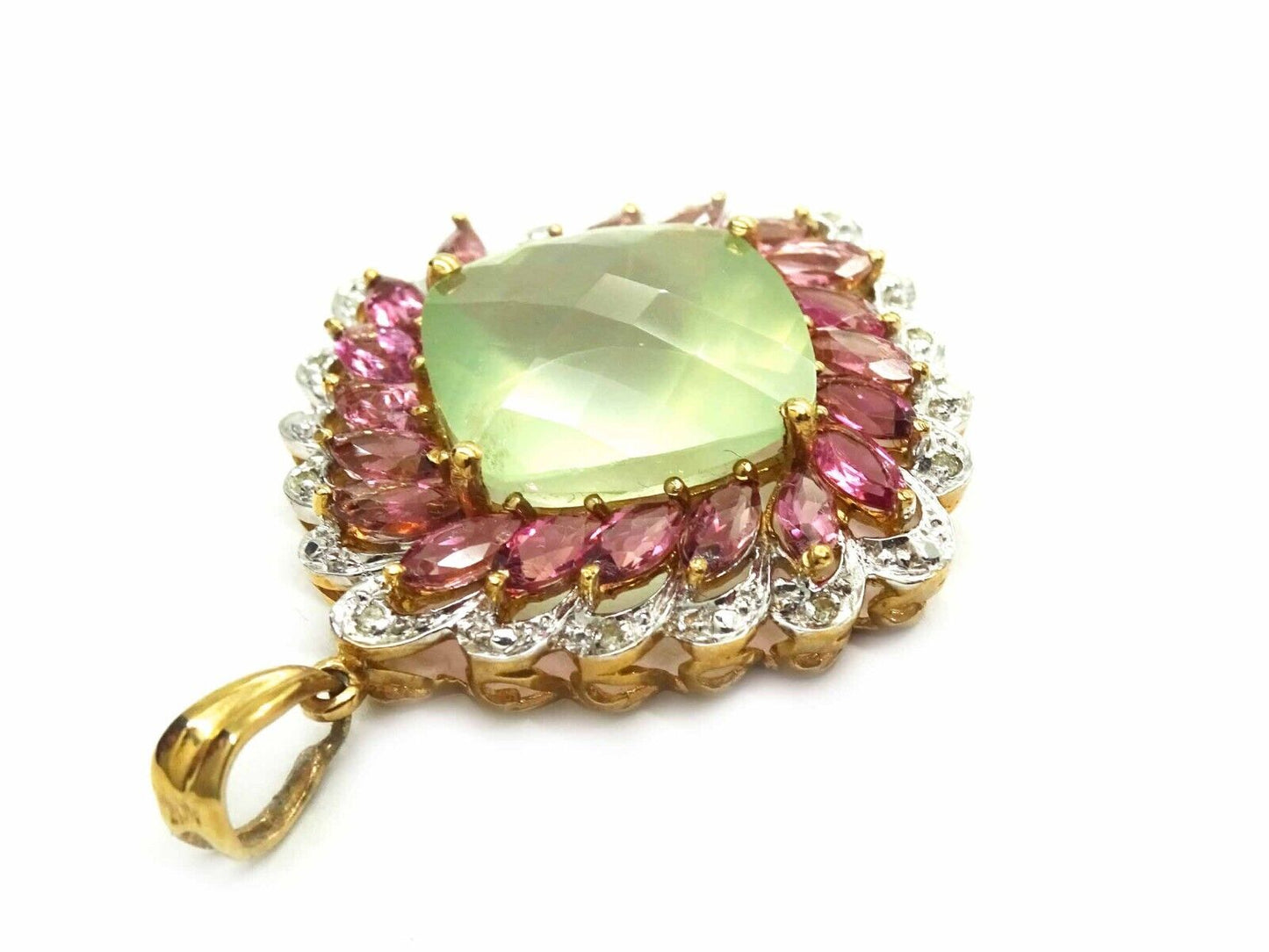 Chalcedony Pendant & Earrings 14k Gold w/Pink Tourmaline, White Topaz, Diamond