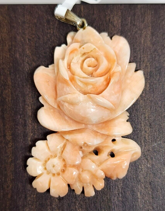 Carved Floral Angel Skin Coral Sterling Silver Pendant 1.5" Long