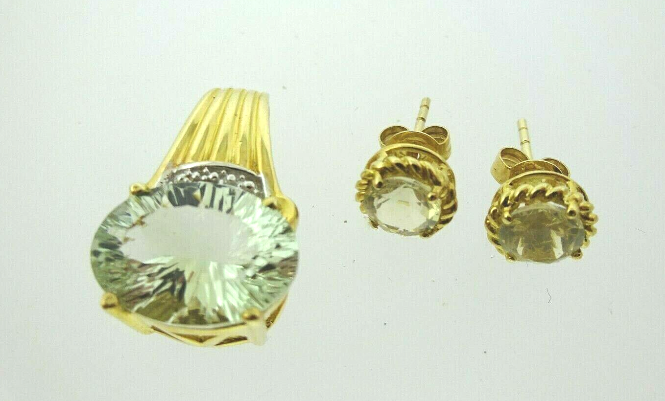 Prasiolite Round Quartz 8mm Earrings  & 14mm Oval Pendant 10K Yellow Gold