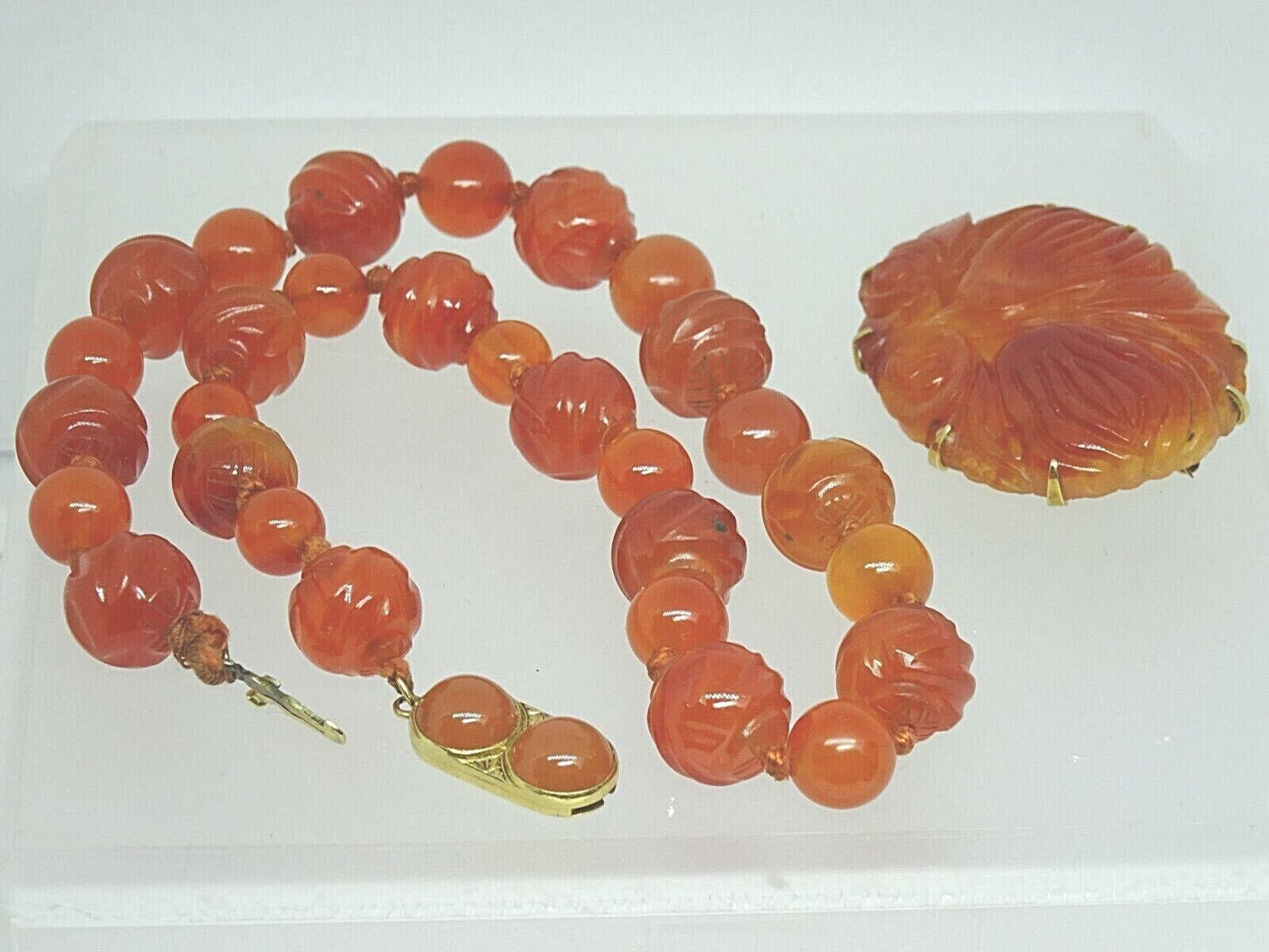 Vintage Carnelian Hand Knotted Carved Bead Necklace & Brooch Set 14k Gold Clasp