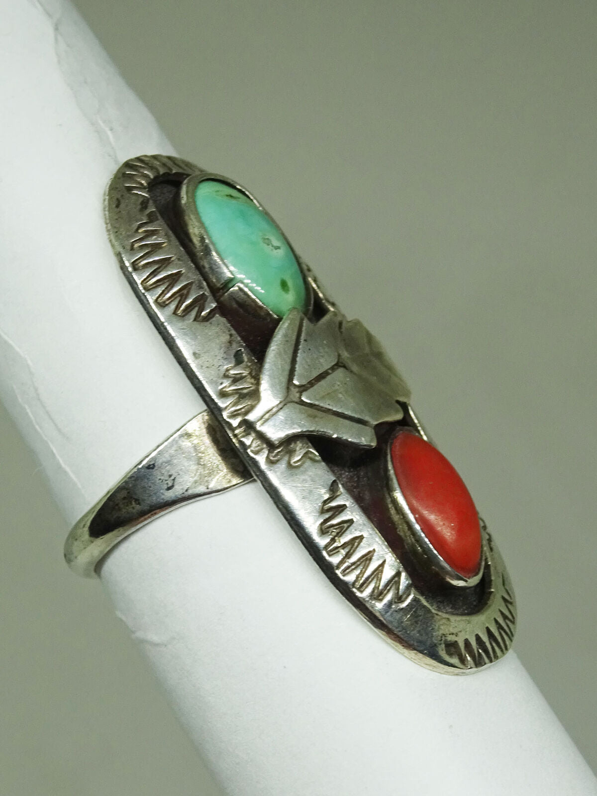 Southwest Turquoise & Red Coral Figural Leaf Sterling Silver Ring Size 6.25